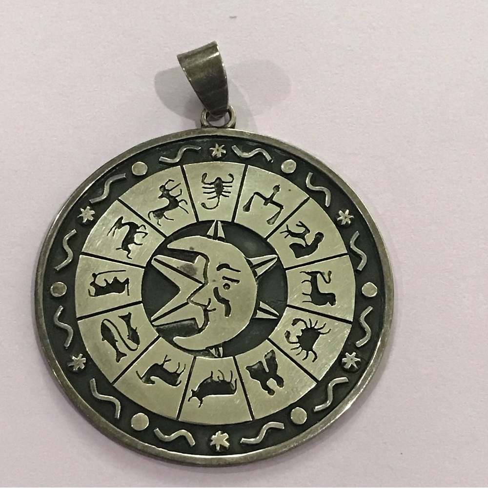 Large vintage zodiac/moon pendant Taxco Mexico signed